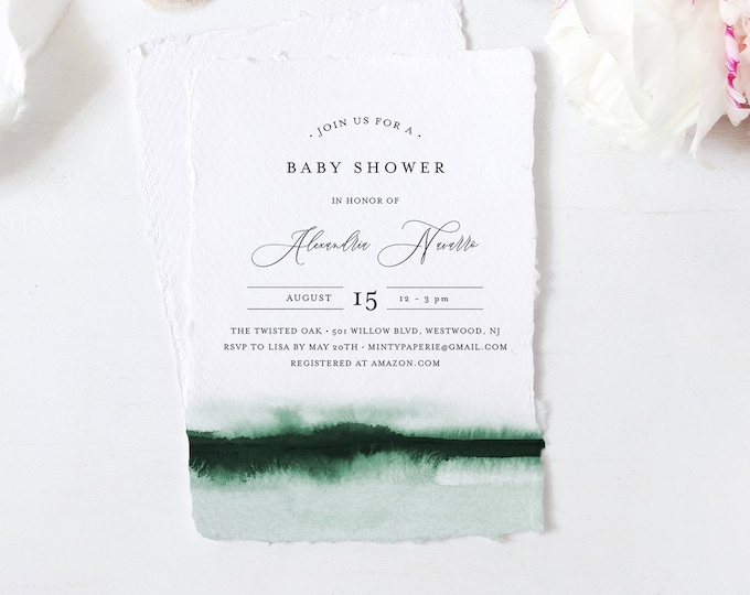 Baby Shower Invitation Template, Printable Baby Shower Invite, Emerald Watercolor, Editable, DIY, Templett, INSTANT DOWNLOAD #093C-146BA