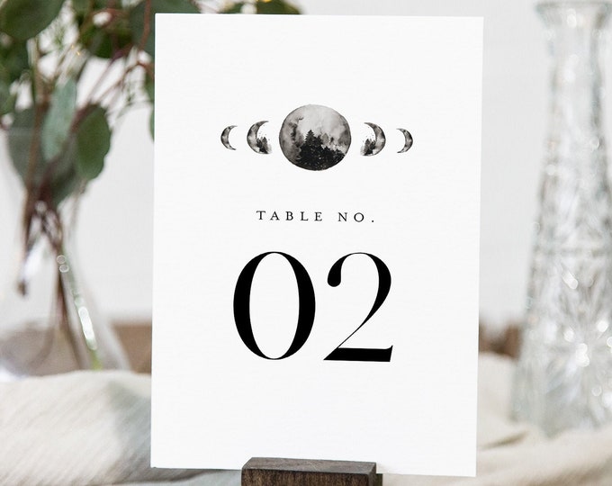 Celestial Table Number Cards, Printable Moon Mountain Wedding Table Number, Editable Template, Instant Download, Templett #0003-185TC