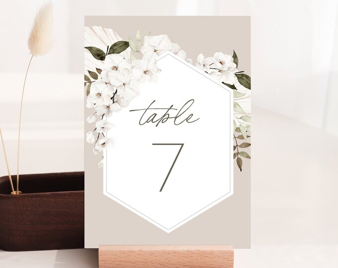 Bohemian Table Number Card Template, Boho Wedding Table Number, Pampas, Editable, Instant Download, Templett, DIY 4x6 #0028B-204TC