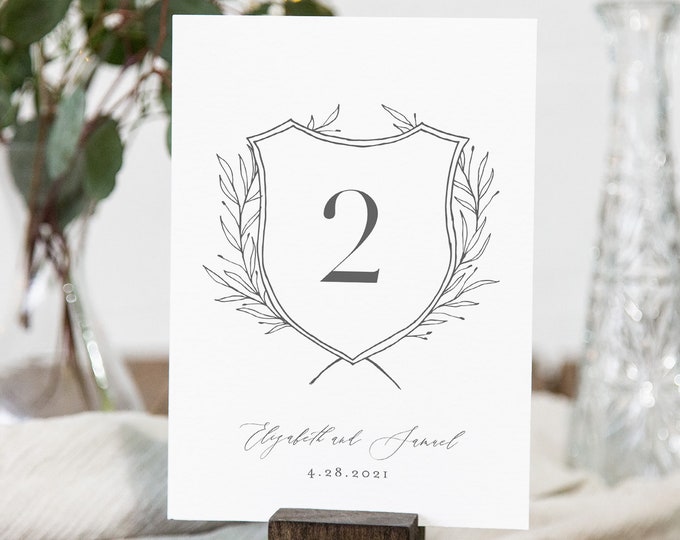 Wedding Crest Table Number Card Template, Minimalist, Elegant Wedding Table Number, Editable, INSTANT DOWNLOAD, Templett, 4x6 #0007-184TC