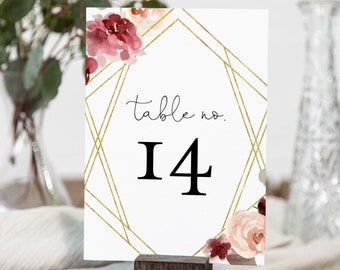 Boho Table Number Card Template, Printable Burgundy Floral and Gold Wedding Table Number, INSTANT DOWNLOAD, Templett, 4x6 #065-154TC