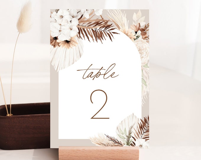 Bohemian Table Number Card Template, Boho Pampas Grass Wedding Table Number, Editable, INSTANT DOWNLOAD, Templett, DIY 4x6 #0028A-203TC