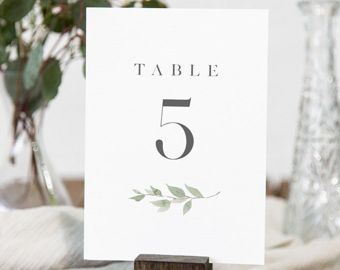 Greenery Table Number Card Template, Minimalist Wedding Table Number, Editable Text, INSTANT DOWNLOAD, Templett, DIY 4x6 #0004B-176TC