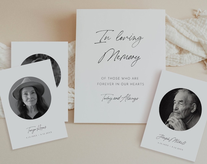 In Loving Memory Sign and Memorial Photo Cards, Editable Text and Image Upload, Minimalist Wedding Memorial Sign, Templett #0024-101LMC