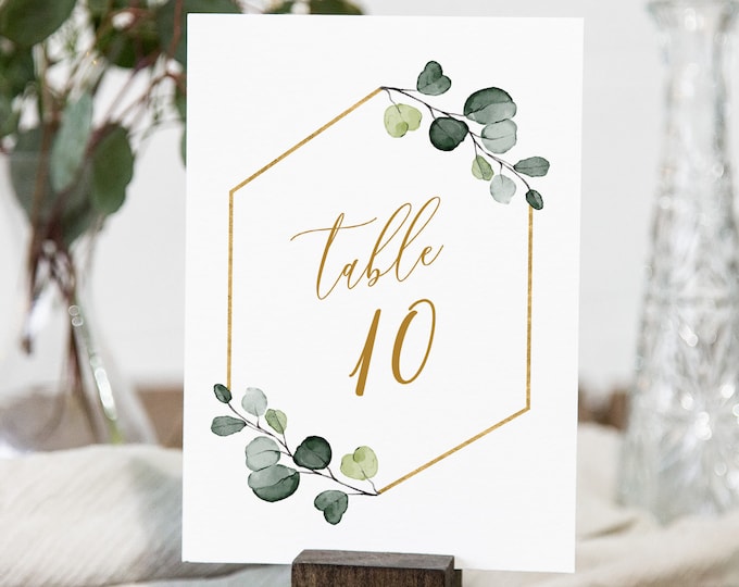 Greenery Table Number Cards, Printable Wedding Table Number, Bohemian, Elegant, Editable Template, Instant Download, Templett #007-165TC