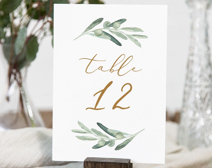 Table Number Card Template, Printable Olive Greenery Wedding Table Number, 100% Editable Text, INSTANT DOWNLOAD, Templett, 4x6 #081-153TC