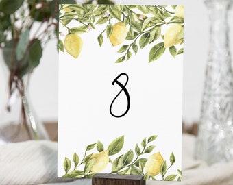Lemon Table Number Card Template, Printable Table Number, Summer Citrus Wedding, Editable, INSTANT DOWNLOAD, Templett, DIY 4x6 #089-159TC
