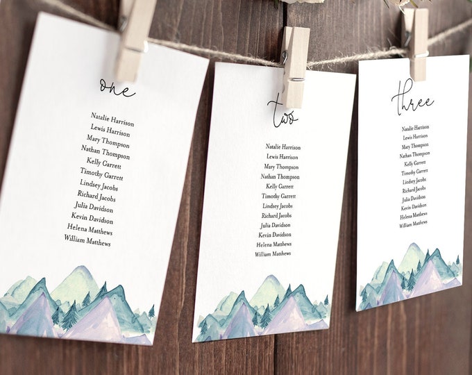 Mountain Seating Cards, Rustic Seating Chart, Pine Tree Seating Plan, Editable Template, Instant Download, Templett, DIY #063-142SP