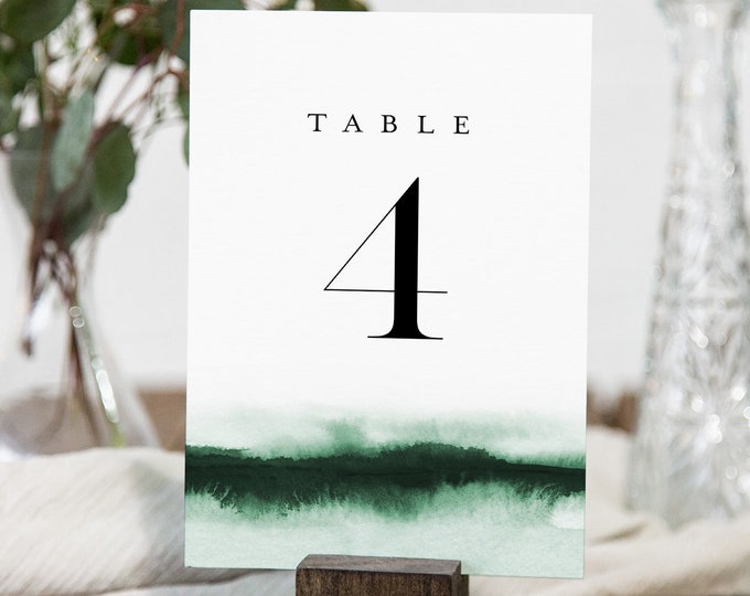 Emerald Green Table Number Card Template, Watercolor Wedding Table Number, Editable, Instant Download, Templett, Printable 4x6 #093C-171TC