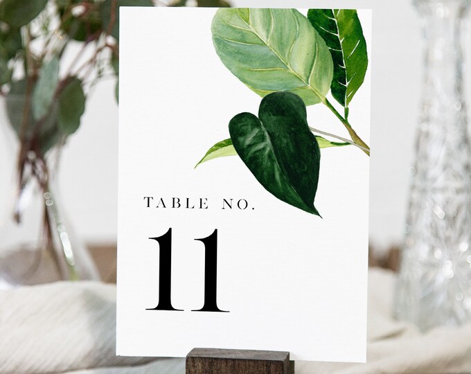 Modern Tropical Table Number Card Template, Minimalist Greenery Wedding Table Number, Editable, INSTANT DOWNLOAD, Templett, 4x6 #0012-180TC