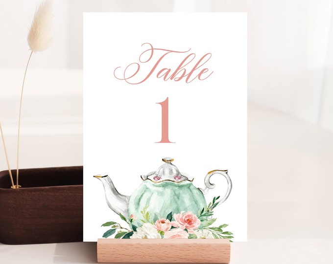 Tea Party Table Number Card Template, Teapot Wedding Table Number, Editable, Instant Download, Templett, Printable, DIY 4x6 #085-208TC