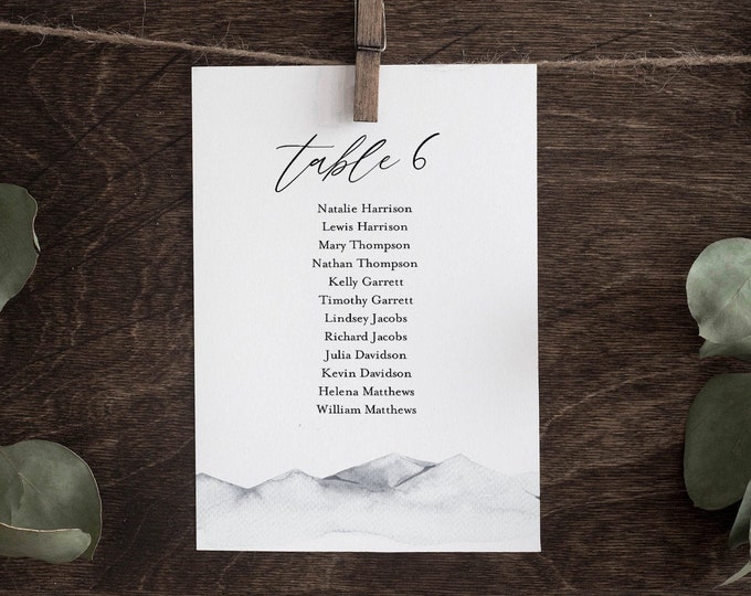 Seating Chart Template, Watercolor Mountain Wedding Seating Plan, Minimalist, Hanging Cards, Editable, Instant Download, Templett #004-130SP