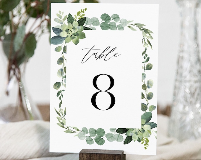 Greenery Table Number Card Template, Garden Wedding Table Number, Editable Text, Printable, INSTANT DOWNLOAD, Templett, DIY 4x6 #082-179TC