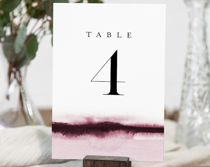 Watercolor Table Number Card Template, Burgundy Wine Wedding Table Number, Editable, Instant Download, Templett, Printable 4x6 #093B-170TC