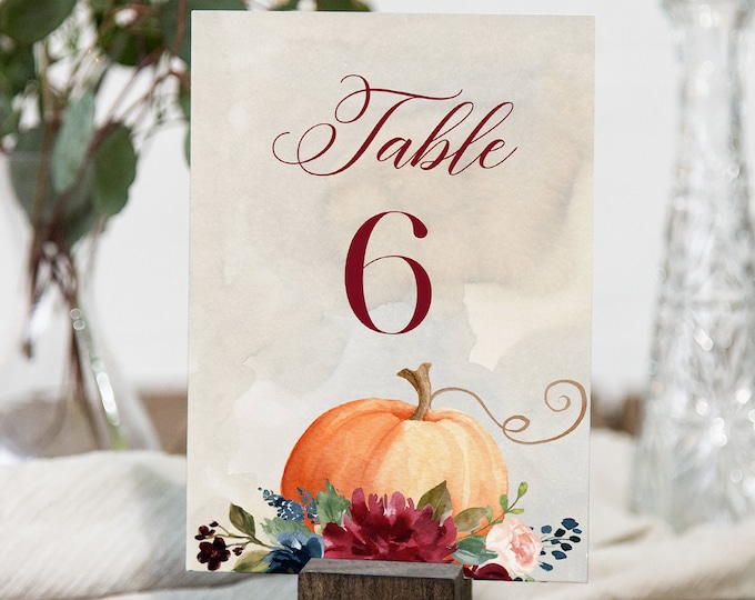 Pumpkin Table Number Card Template, Printable Thanksgiving Table Number, Fall Wedding, Editable, INSTANT DOWNLOAD, Templett, 4x6 #072A-158TC