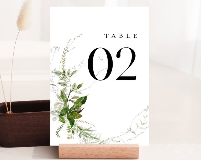 Modern Greenery Table Number Card Template, Minimalist Wedding Table Number, Editable, Instant Download, Templett, DIY 4x6 #0011-200TC