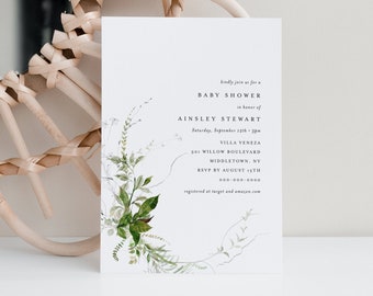 Modern Greenery Baby Shower Invitation, Printable Minimal Baby Shower Invite, Editable Template, Instant Download, Templett #0011-210BA