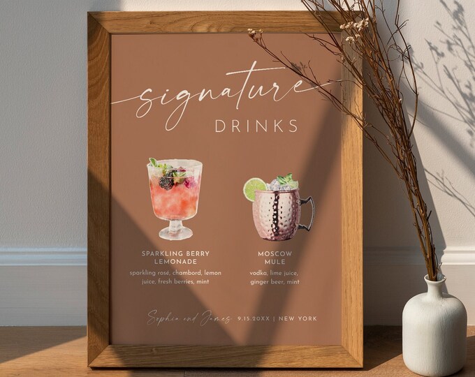 Signature Drinks Sign, Cocktails, Wine, Beer, His and Her, Boho Terracotta Signature Bar Menu, Alcohol, Editable, Templett #0034T-08S