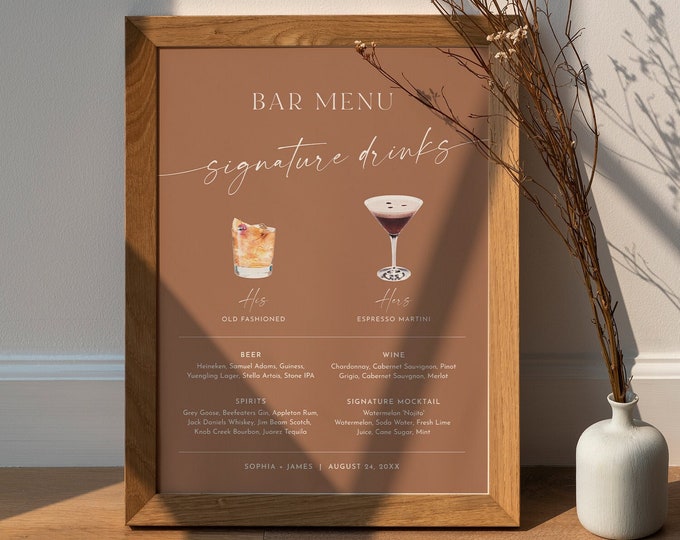 Signature Drinks Bar Sign, Boho Terracotta, 200+ Cocktails, Wine, Beer, His and Her Drinks, Editable Bar Menu, Instant, Templett #0034T-11S