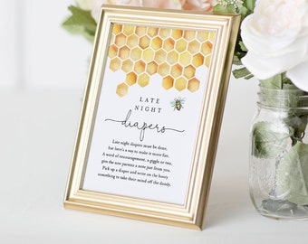 Printable Late Night Diapers Sign, Honey Bee Baby Shower Game, Diaper Notes, Editable Template, INSTANT DOWNLOAD, 5x7 & 8x10 #097-173BASG