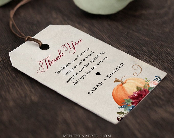 Pumpkin Favor Tag Template, Thank You Tag, Fall Bridal Shower or Wedding Tag, Welcome Bag, INSTANT DOWNLOAD, Editable, Templett #072A-142FT