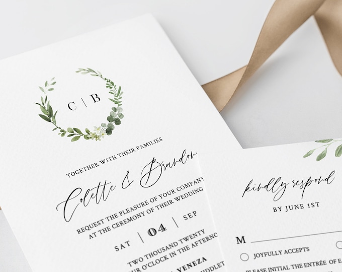 Greenery Wedding Invitation Suite,  Printable Monogram Wreath Invite, RSVP and Details, Editable Template, INSTANT DOWNLOAD, Templett #082C