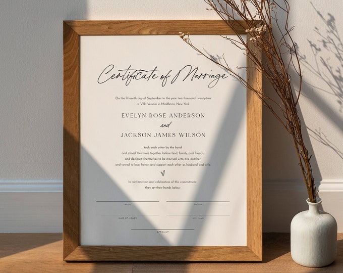 Certificate of Marriage, Minimalist Wedding Certificate, Wedding Keepsake, 100% Editable Text, Instant Download, 8x10, 16x20 #0024-110MC