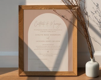 May include: A printable certificate of marriage with a peach background and a white arch. The text reads "Certificate of Marriage" and includes the names "Evelyn Rose Anderson" and "Jackson James Wilson".