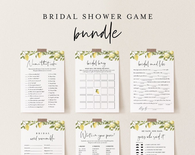 Bridal Shower Game Bundle, 14 Editable Templates, INSTANT DOWNLOAD, Customize Name & Questions, Citrus Lemon Bridal Games, Templett #089BGB