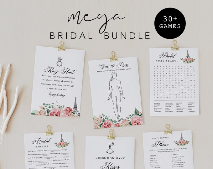 MEGA Paris Bridal Shower Game Bundle, 35 Games, Editable Templates, Parisian Theme Wedding Shower Games, Instant Download, Templett #001BGB