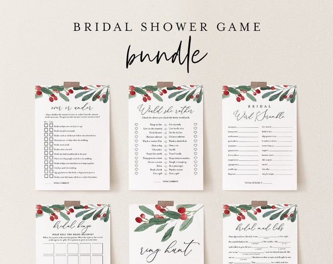 Bridal Shower Game Bundle, 12 Editable Templates, INSTANT DOWNLOAD, Customize Name & Questions, Winter Holly Bridal Games, Templett #071BGB