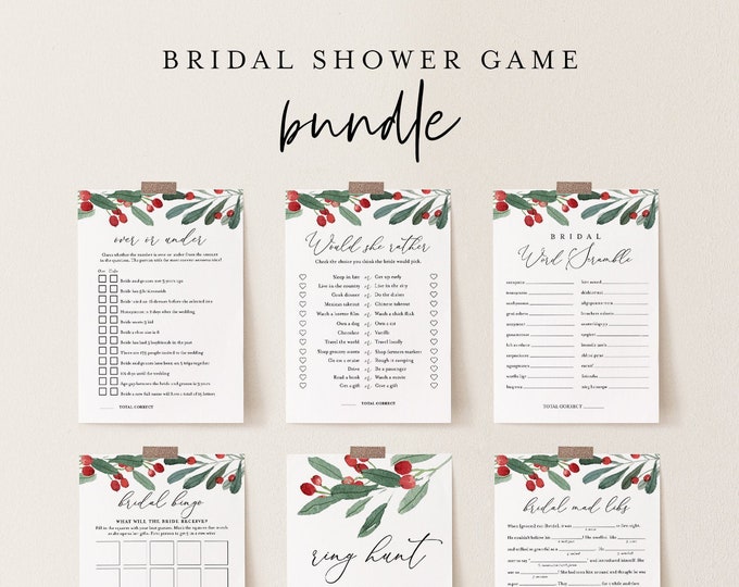 Bridal Shower Game Bundle, 12 Editable Templates, INSTANT DOWNLOAD, Customize Name & Questions, Winter Holly Bridal Games, Templett #071BGB