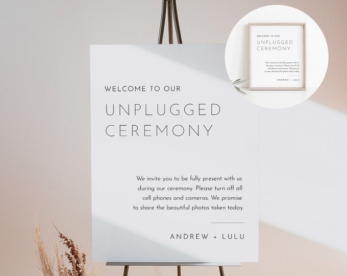 Unplugged Ceremony Wedding Sign, Minimal Welcome Sign, No Phone Camera, Editable Template, Instant Download, Templett, 8x10 & 18x24 #094-30S