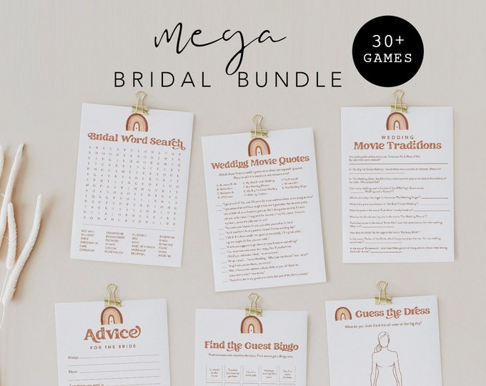 MEGA Bridal Shower Game Bundle, 35 Games, Retro Rainbow Wedding Shower Games, 100% Editable Templates, Instant Download, Templett #025BGB