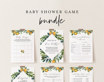 Baby Shower Game Bundle, 12 Editable Games, Citrus Orange, INSTANT DOWNLOAD, Personalize Questions, Editable Template, Templett #084BBGB