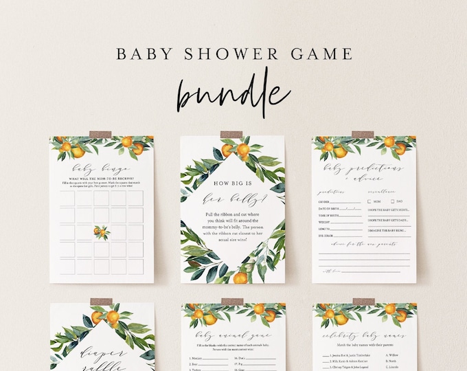 Baby Shower Game Bundle, 12 Editable Games, Citrus Orange, INSTANT DOWNLOAD, Personalize Questions, Editable Template, Templett #084BBGB