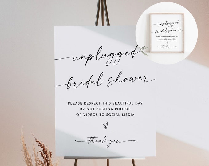 Unplugged Bridal Shower Sign, Printable Welcome Sign, No Phone Camera, Editable Template, Instant Download Templett 8x10 & 18x24 #0034W-48S