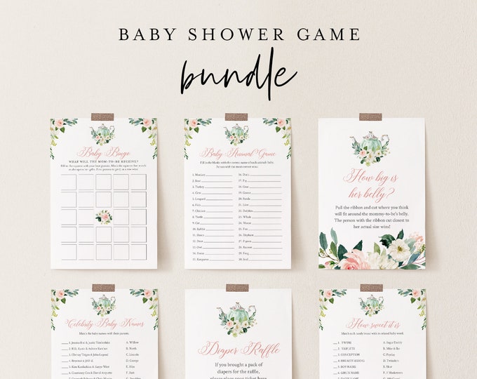 Baby Shower Game Bundle, Tea Party Shower, Editable Templates, Personalize Questions, Instant Download, Printable, Templett #085BBGB