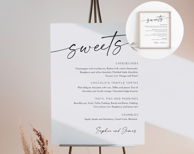 Minimalist Dessert Menu Sign, Sweets Menu, Printable Wedding Dessert Bar Station, Editable Template, Instant Download, Templett #0034W-110DM