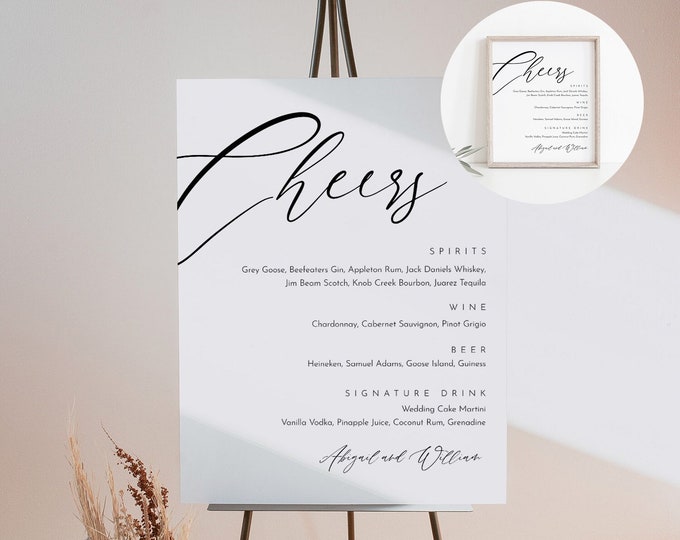 Minimalist Drink Menu Sign, Open Bar Sign, Wedding Bar Menu, Alcohol, Editable Template, Instant Download, Templett, 8x10, 18x24 #117BM