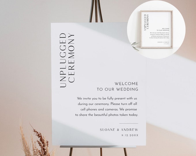 Modern Unplugged Ceremony Wedding Sign, Welcome Sign, No Phone Camera, Editable Template, Instant Download, Templett 8x10 & 18x24 #0026B-01S