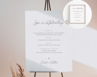 Minimalist Bar Menu Sign, Love is Intoxicating, Alcohol Wedding Drink Menu, Editable Template, Instant Download, Templett #0024-111BM