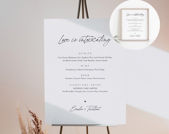 Minimalist Bar Menu Sign, Love is Intoxicating, Alcohol Wedding Drink Menu, Editable Template, Instant Download, Templett #0024-111BM