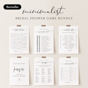 May include: A set of printable bridal shower game cards with minimalist black and white designs. The games include "He Said, She Said", "Would She Rather", "Bridal Word Scramble", "Guess How Many Kisses", and "What's in Your Purse".