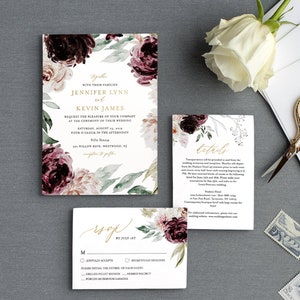 Moody Florals Wedding Invitation Suite Template, 100% Editable Text, Romantic Purple Boho, Invite, RSVP & Detail, INSTANT DOWNLOAD 074A image 1