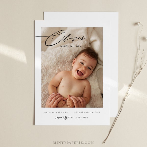 Photo Birth Announcement, Baby Announcement Card, Newborn, Modern, 100% Editable Template, Printable, Instant Download, Templett #106BAC