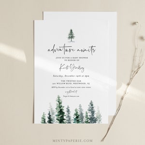 Baby Shower Invitation, Rustic Pine Tree Winter Baby Shower, Adventure Awaits, Editable Template, INSTANT DOWNLOAD, Templett 073-133BA image 1