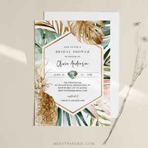 Tropical Bridal Shower Invitation, Blush and Gold, Pineapple, Summer Wedding Shower, INSTANT DOWNLOAD, Editable Template, Templett 087-248BS