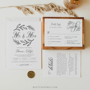 Suite di inviti di nozze stampabili, Invito di nozze rustico minimalista, RSVP, Scheda dettagli, LGBT, Download istantaneo, Modello modificabile #027B