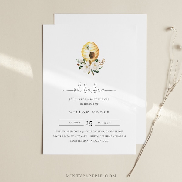 Oh Babee Baby Shower Invitation Template, Printable Bee Baby Shower Invite, INSTANT DOWNLOAD, 100% Editable Text, DIY, Templett #097-152BA